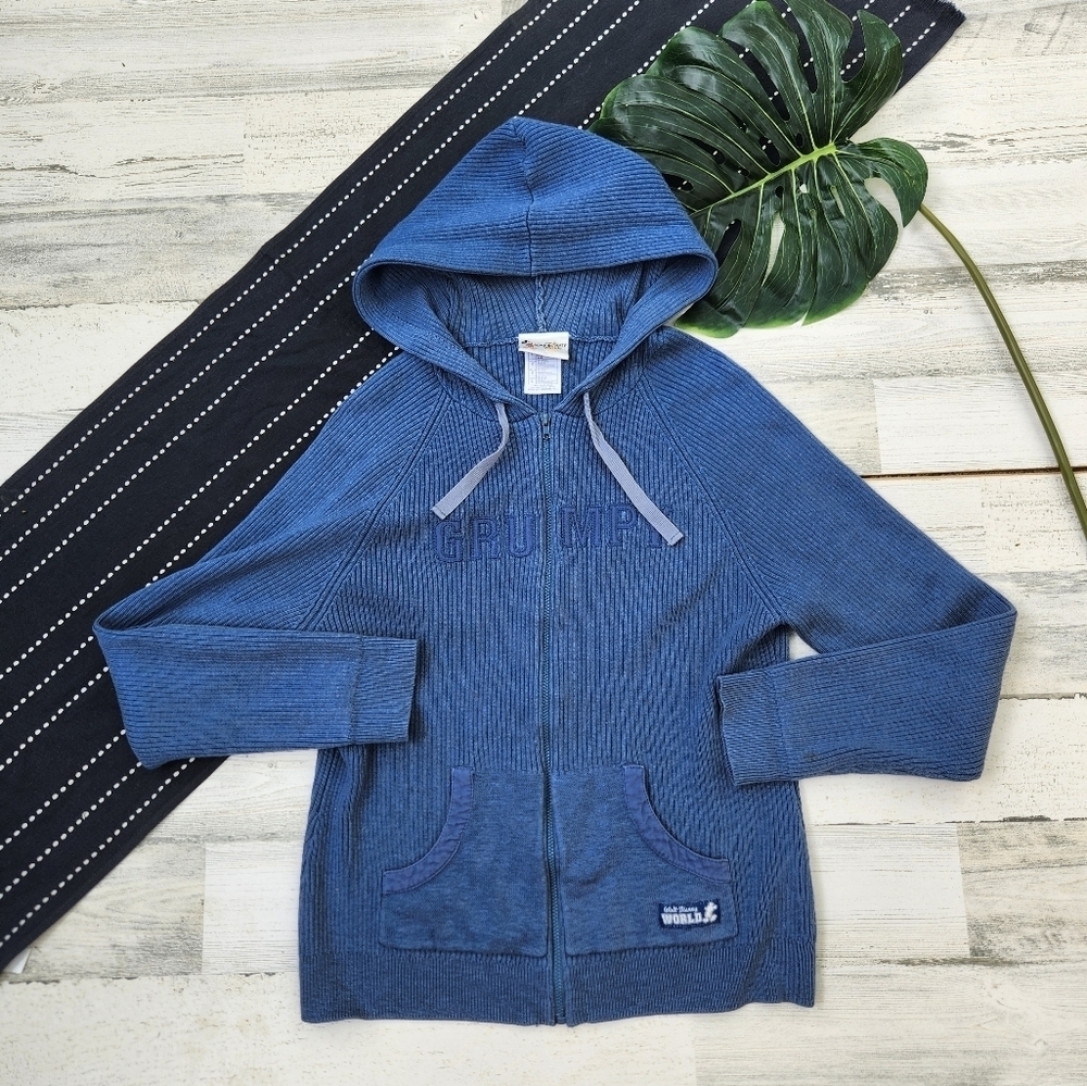 Walt Disney World Vintage Spellout Grumpy Full Zip Hoodie Blue Size Large